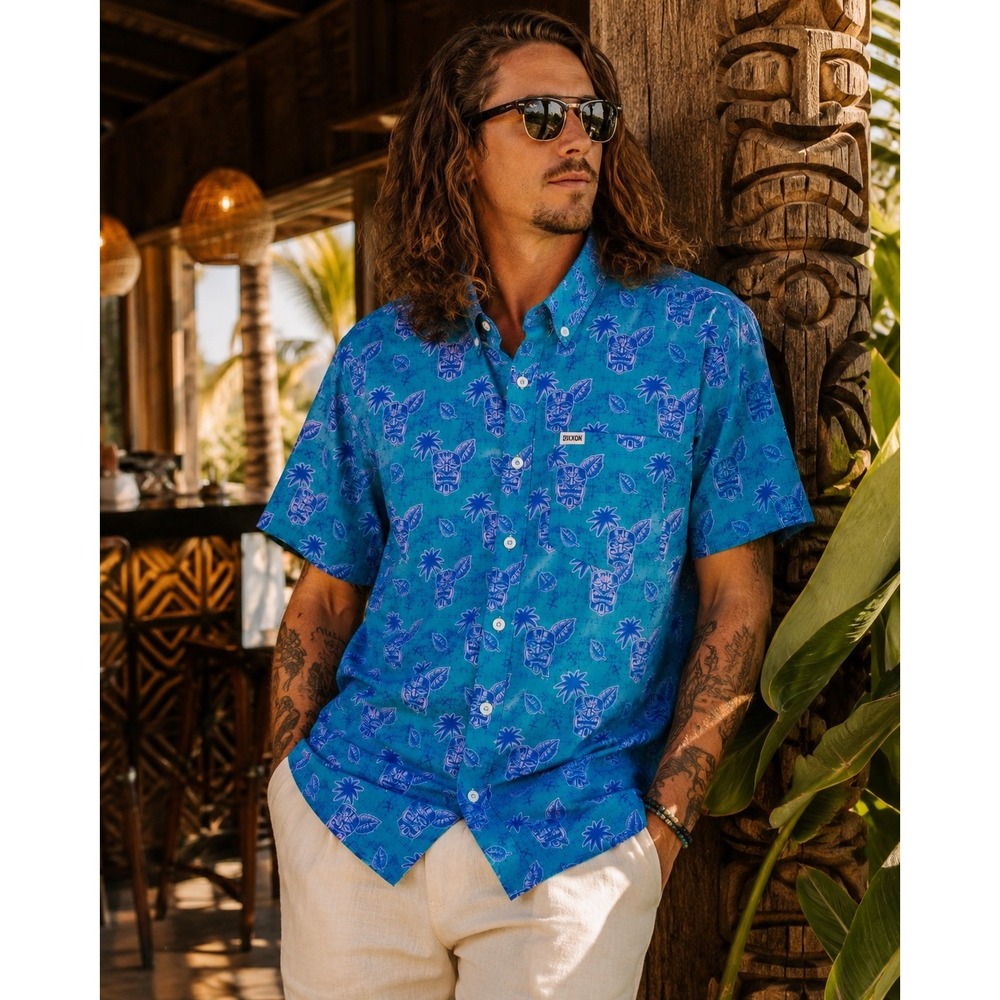 Dixxon Tiki Totem D-Lite Party Shirt Blue Tropical Hawaiian Button Up M